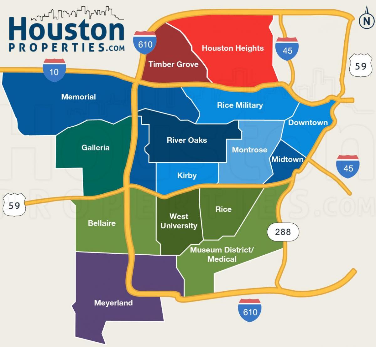 la carte de Houston quartiers