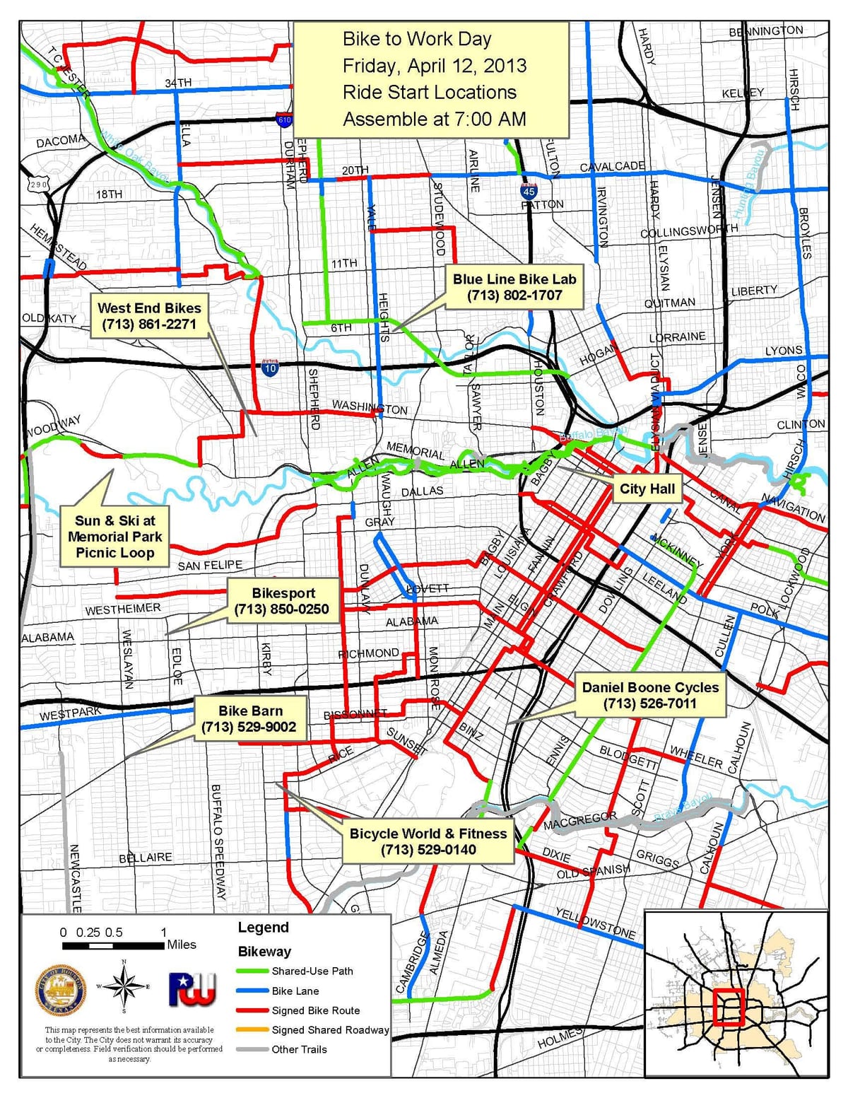 sentiers de vélo de Houston carte